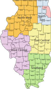 Map of Illinois divided into service regions: North West, North East (Cook County), East Central, West Central, and Southern
